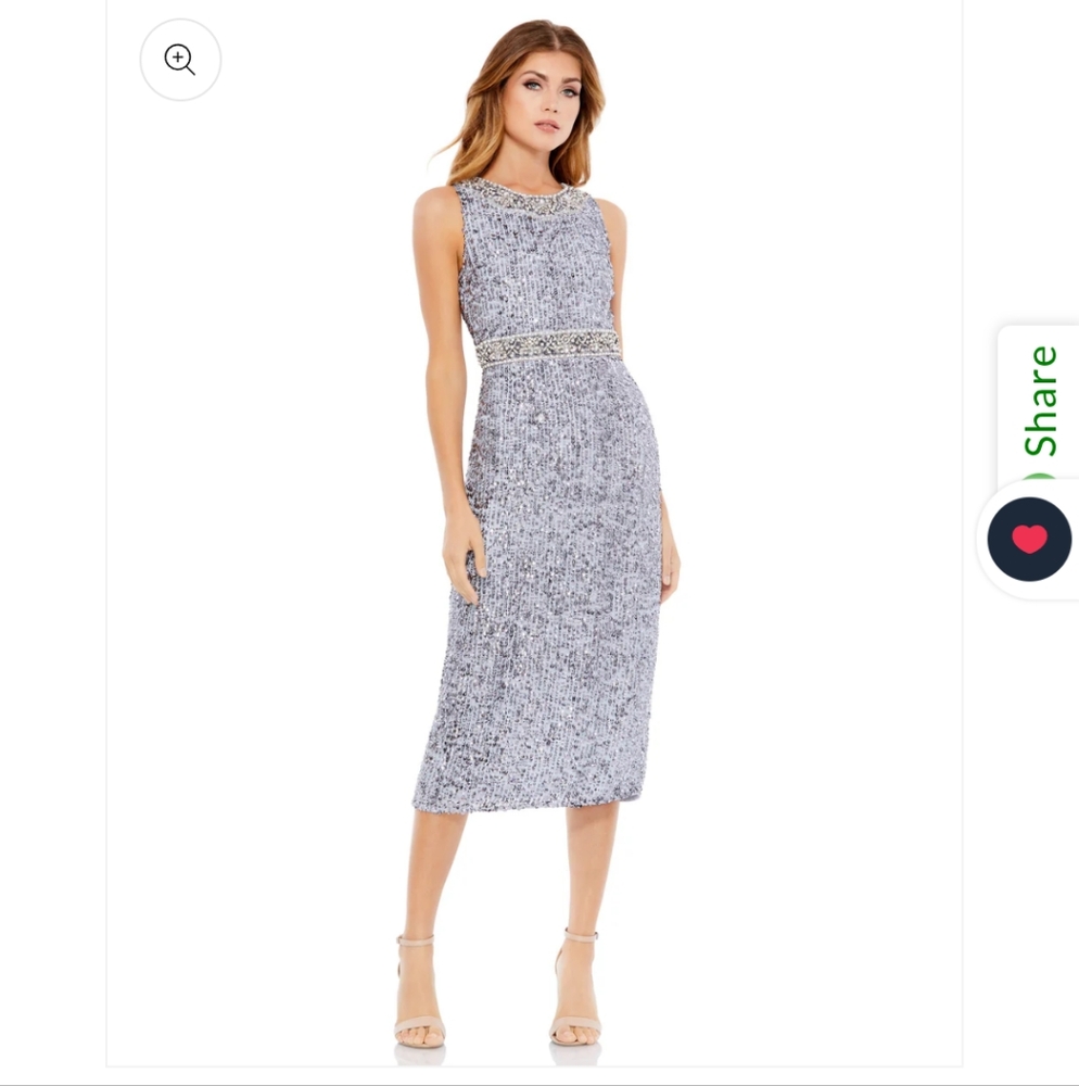 Nwt Mac Duggal Sheath Midi Dress Breaded Sequined Size 8 Steel